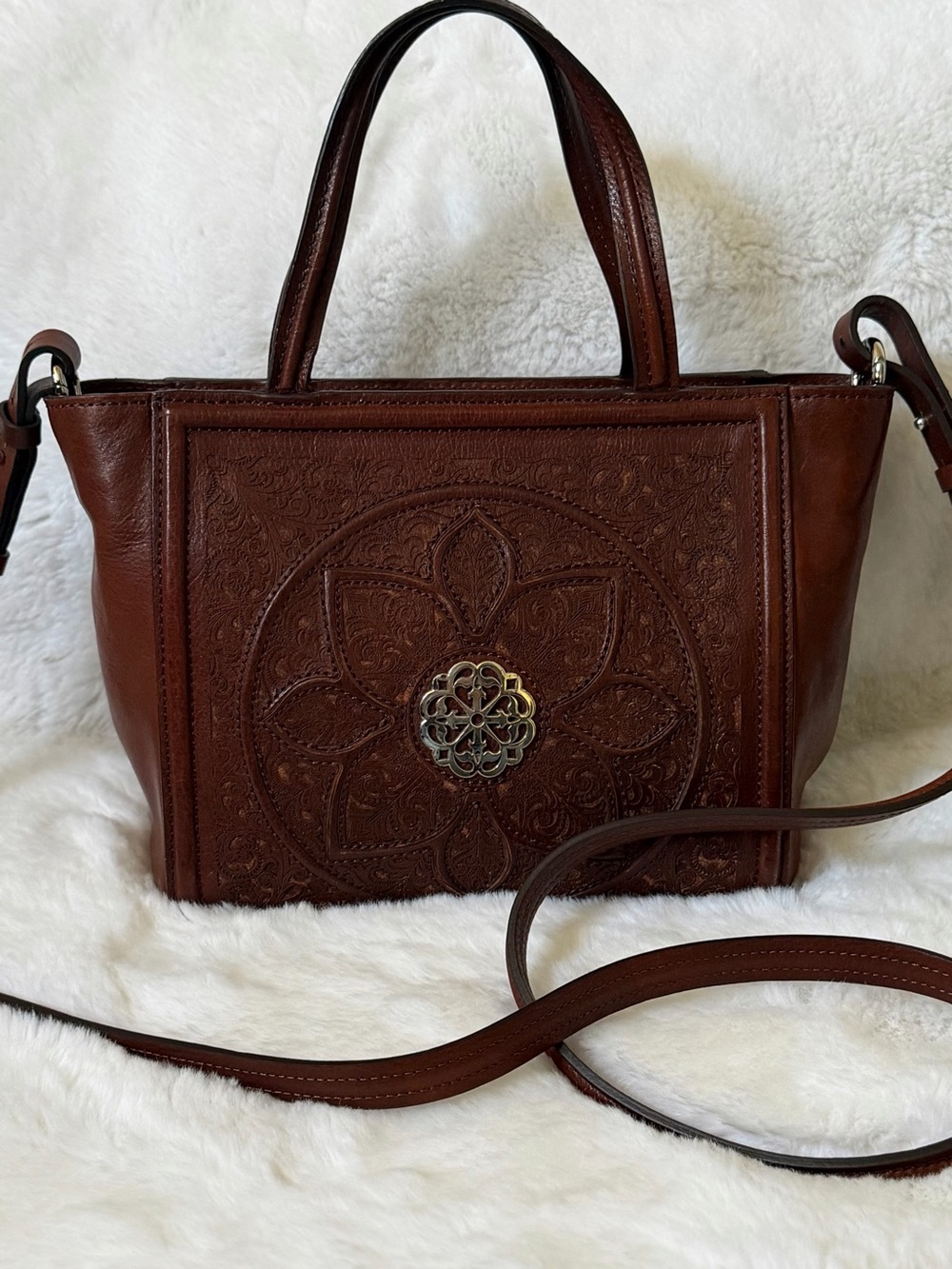 BRIGHTON Ferrara Calla Satchel Laser Etched Leather Bag in Whisky Whiskey Brown